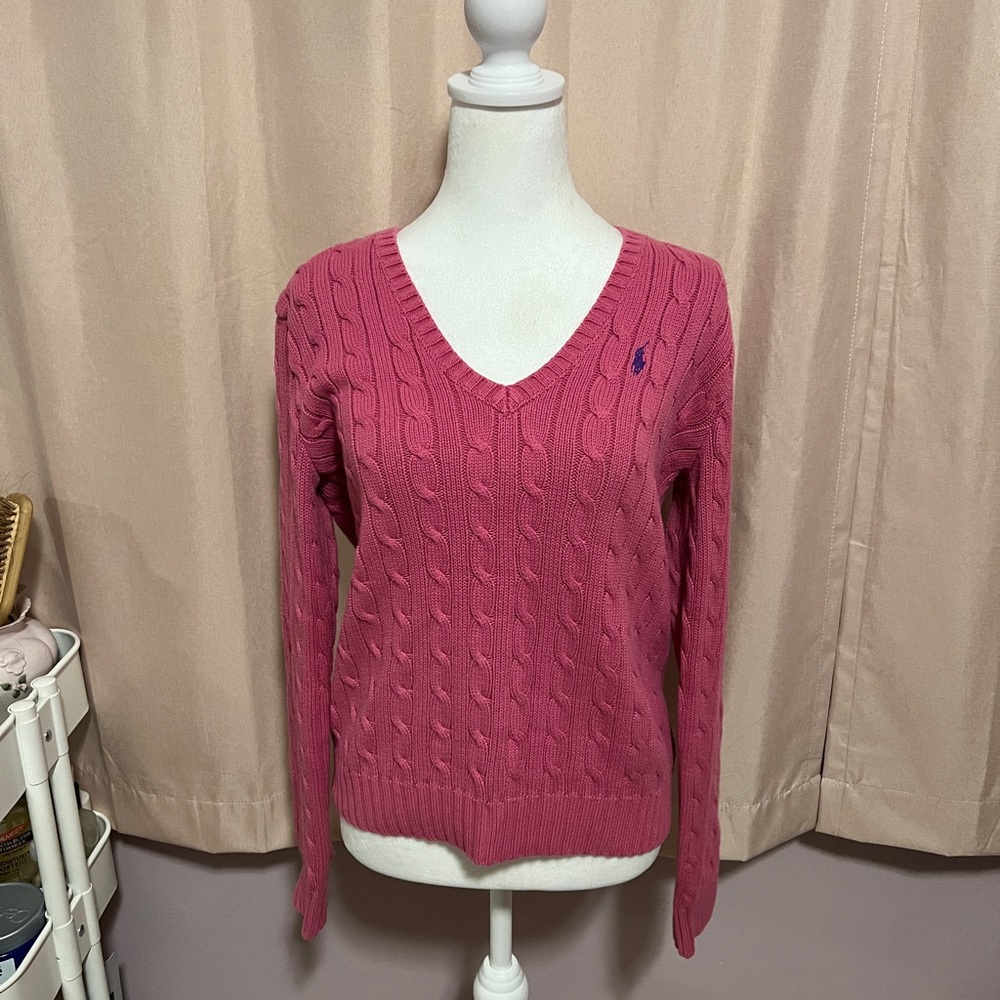 pink polo ralph lauren cable knit v-neck sweater